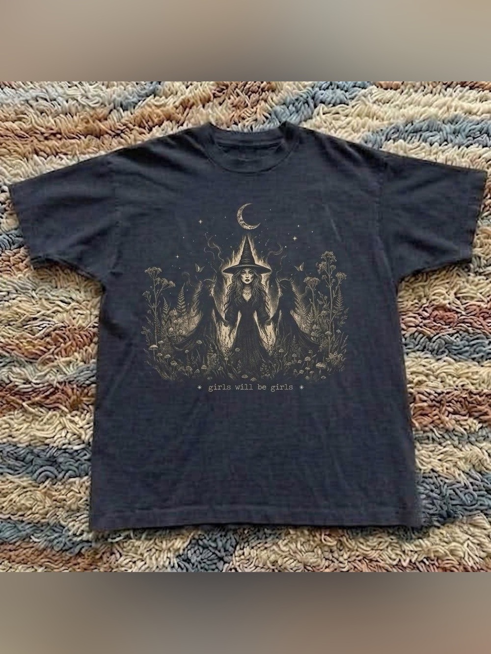 Vintage Black Graphic Witch Tee - 'Girls Will Be Girls'